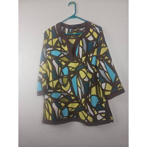 Kasper V-Neck Blouse Printed Pattern 3/4 Sleeves Tunic Petite Large - Picture 1 of 6